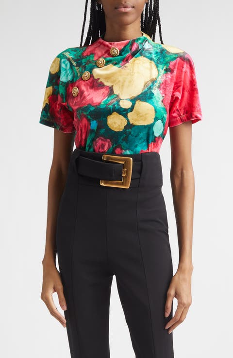 4-Button Roses Print Stretch Velvet Top