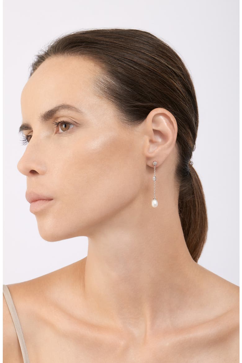 White Rhodium Plated Swarovski Crystal Accented & 7mm Freshwater Pearl Drop Earrings, Alternate, color, WHITE/ SILVER