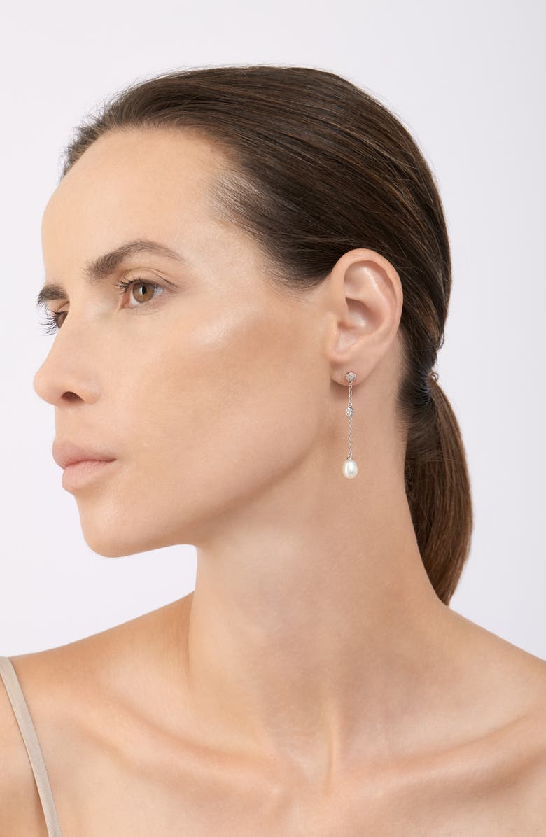 Adornia White Rhodium Plated Swarovski Crystal Accented & 7mm Freshwater Pearl Drop Earrings, Alternate, color, White/ Silver