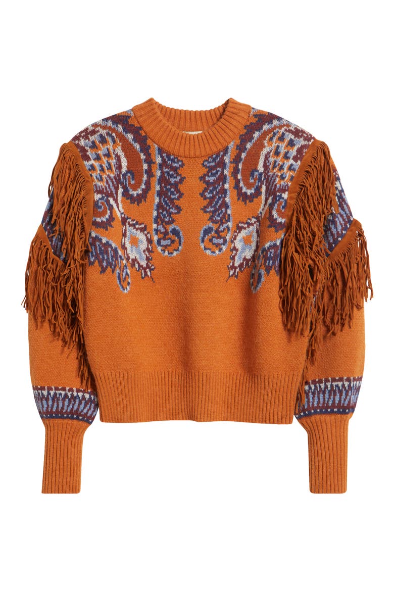 Arabesque Scarf Fringe Knit Sweater, Alternate, color, BROWN