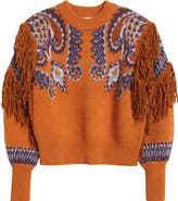 FARM Rio Arabesque Scarf Fringe Knit Sweater