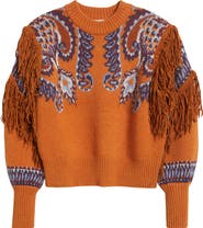 FARM Rio Arabesque Scarf Fringe Knit Sweater