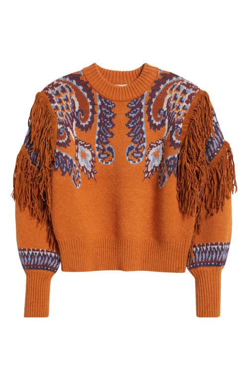 Farm Rio Arabesque Scarf Fringe Knit Sweater In Brown