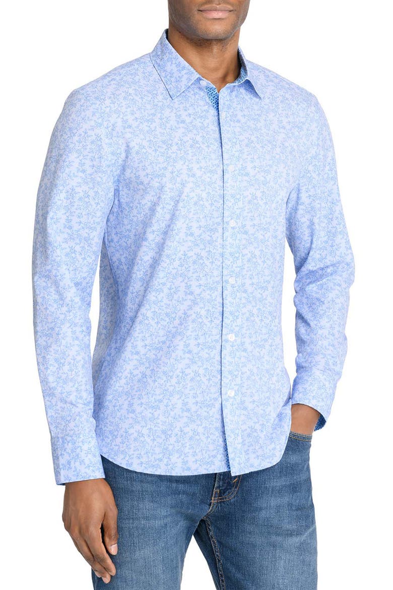 Slim Fit Ditsy Floral Recycled 4-Way Stretch Performance Long Sleeve Shirt, Main, color, LT BLUE