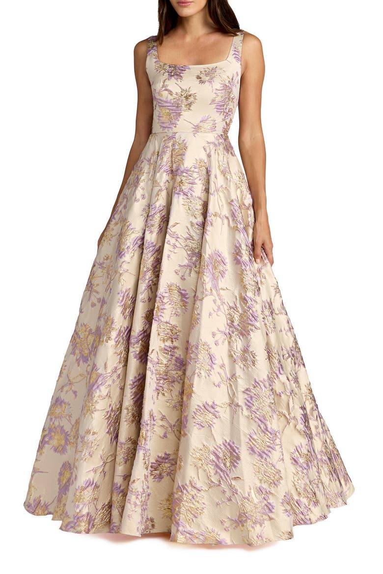 Sleeveless Square Neck Brocade Ball Gown, Main, color, Champagne Multi