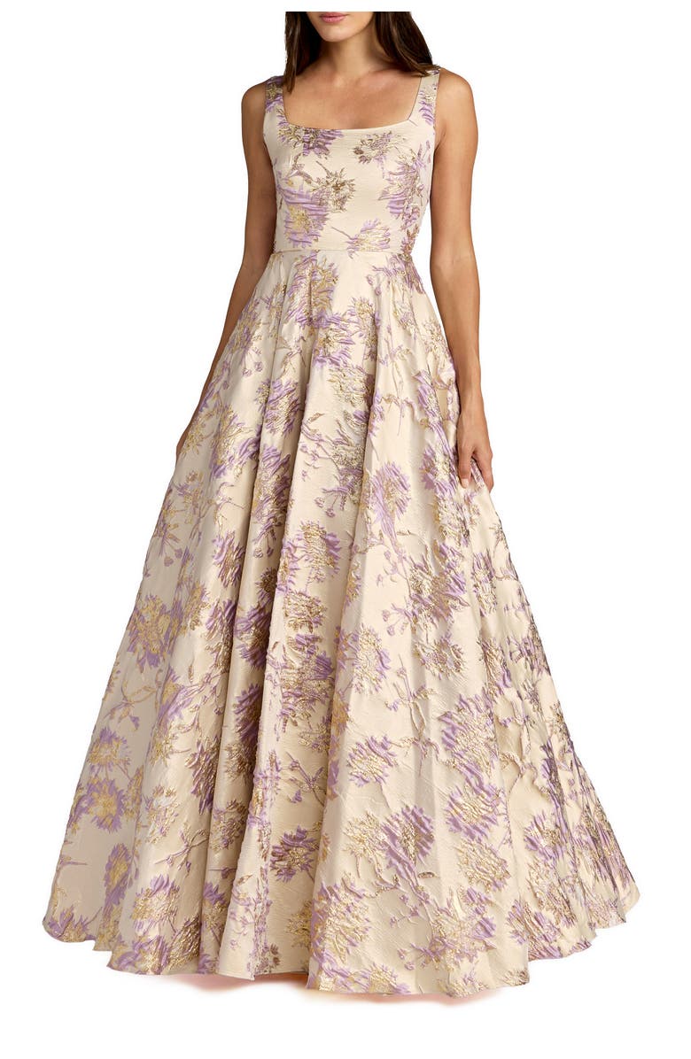 Mac Duggal Sleeveless Square Neck Brocade Ball Gown, Main, color, Champagne Multi
