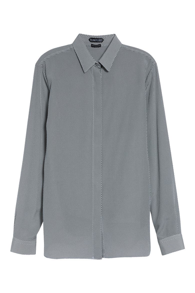 Geo Print Silk Crepe Button-Up Shirt, Alternate, color, OFF WHITE/ BLACK