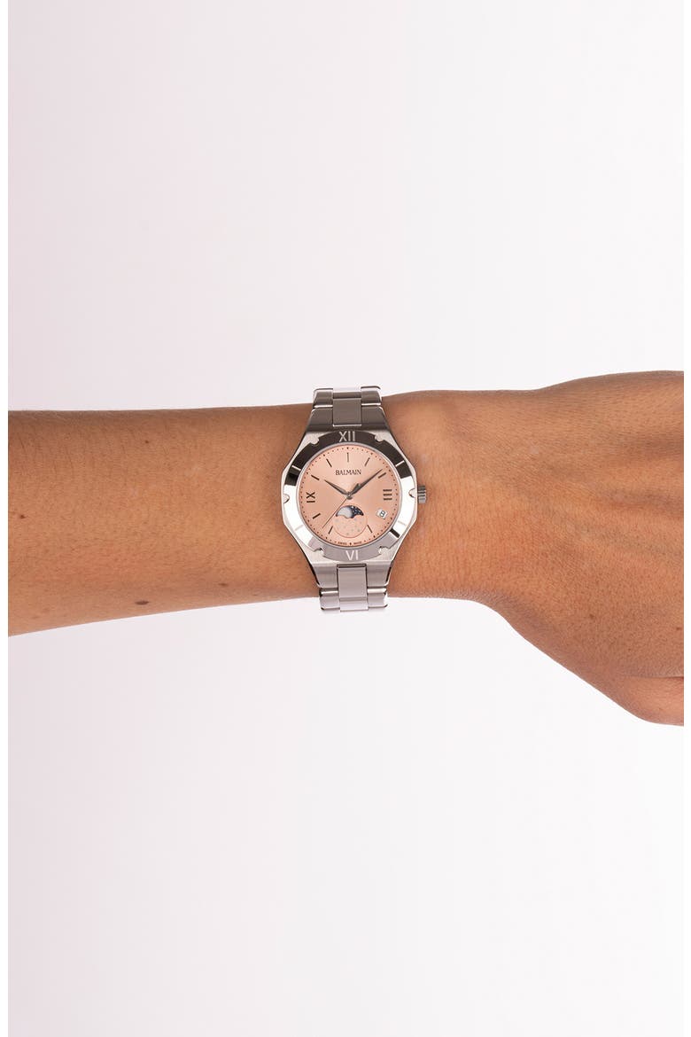 Be Balmain Moonphase Bracelet Watch, 33mm, Alternate, color, PINK STAINLESS STEEL