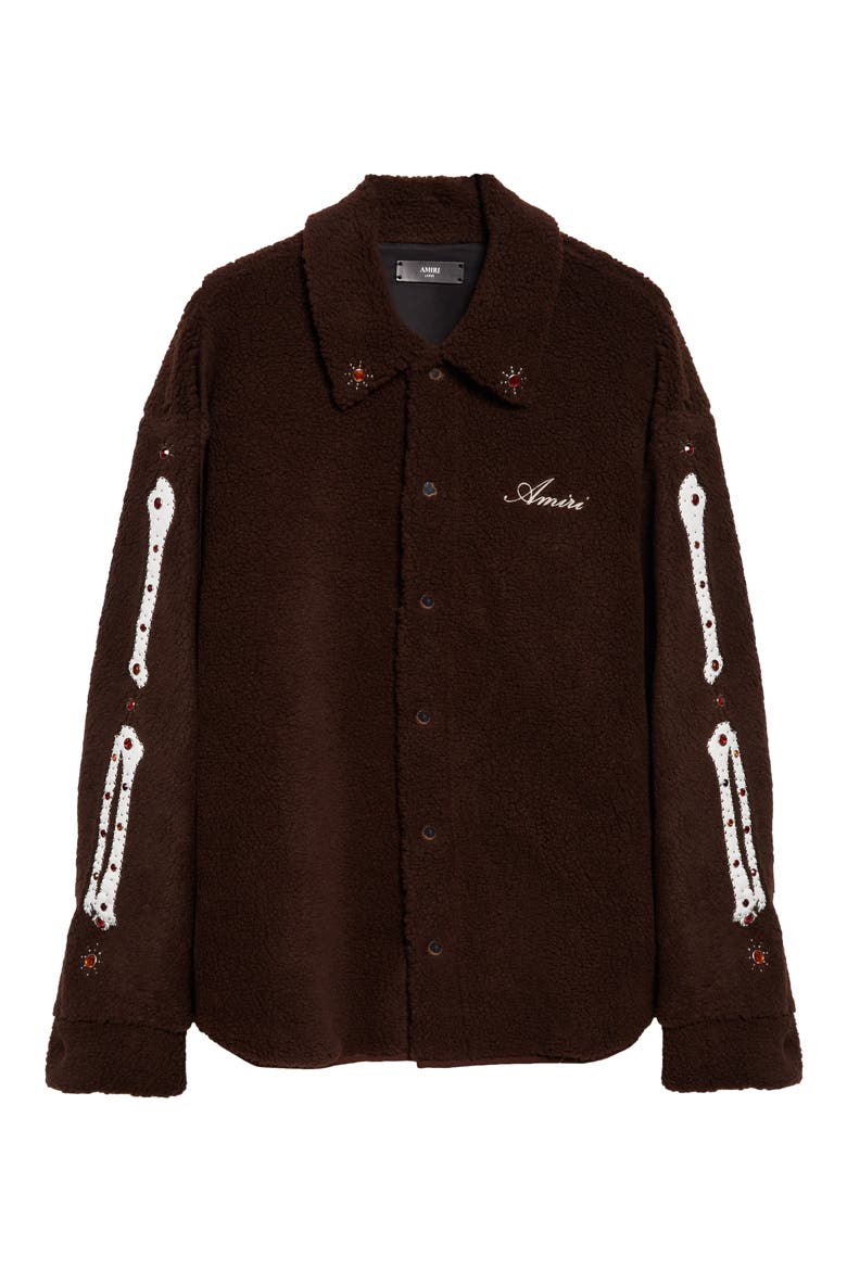 Studded Bones Appliqué High Pile Fleece Overshirt, Alternate, color, DARK BROWN