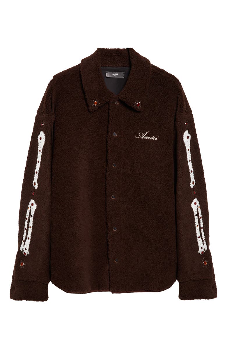 AMIRI Studded Bones Appliqué High Pile Fleece Overshirt, Main, color, Dark Brown