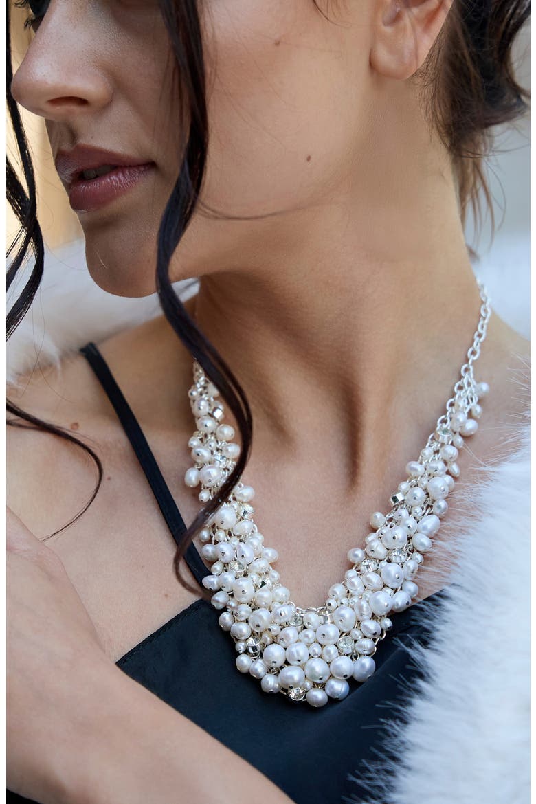 Freshwater Pearl & Crystal Cluster Statement Necklace, Alternate, color, SILVER