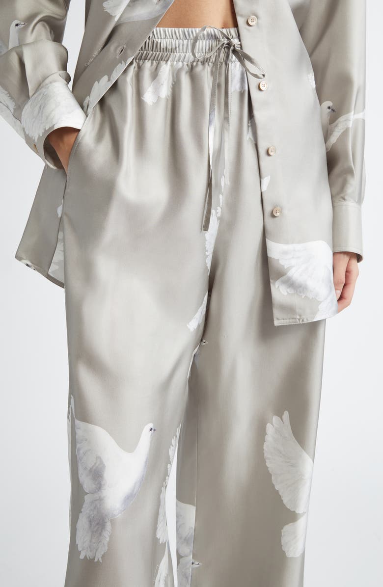 Stella McCartney Birds Print Silk Satin Pants, Alternate, color, Mud