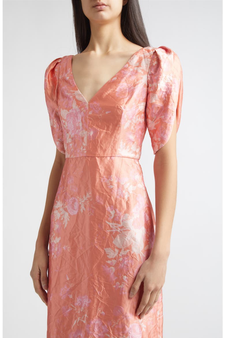Floral Print Crushed Metallic Satin Gown, Alternate, color, ROSE BOUQUET PEACH PINK