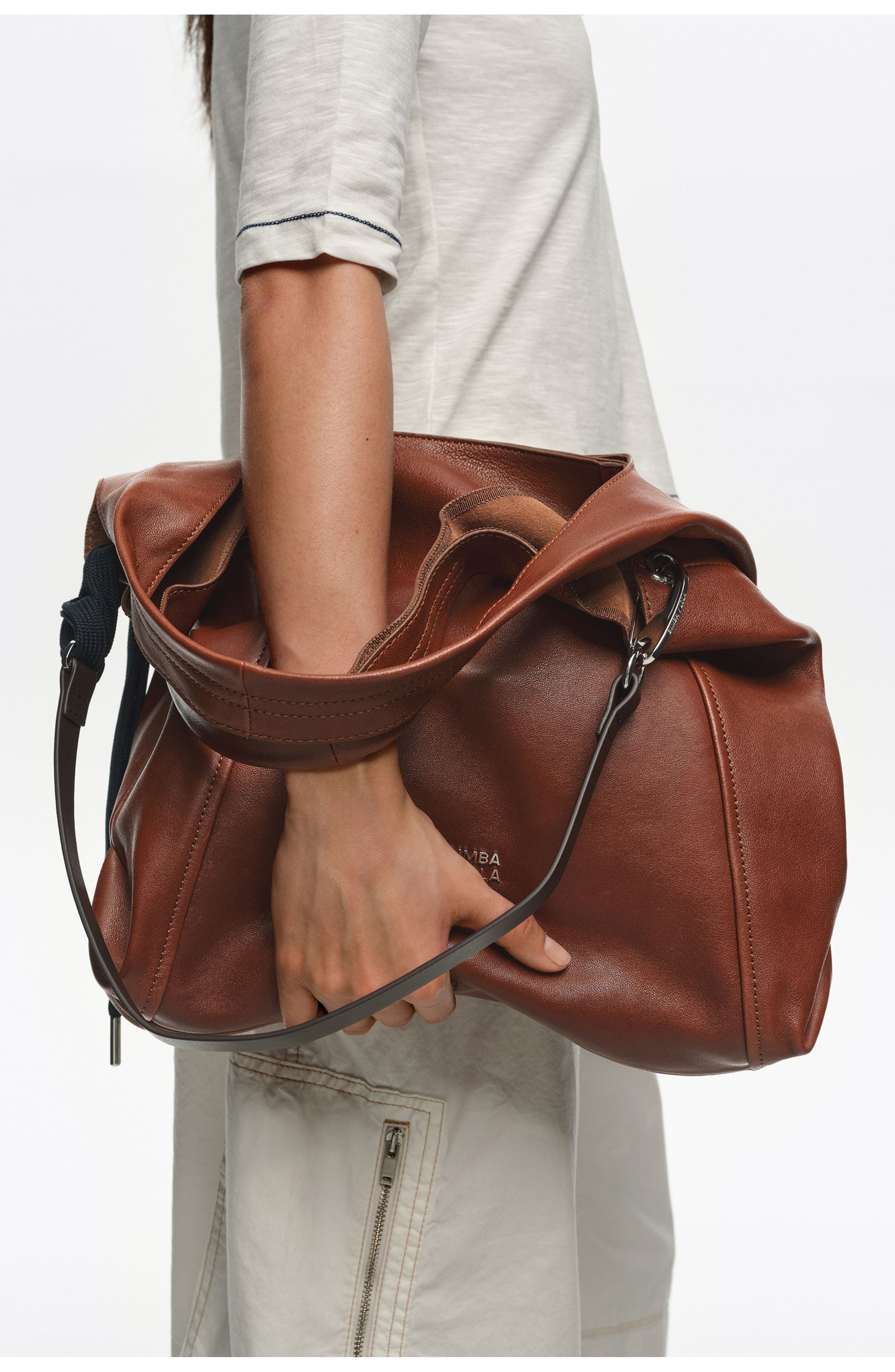 Bimba y Lola Large Leather Paper Shoulder Bag, Alternate, color, Black