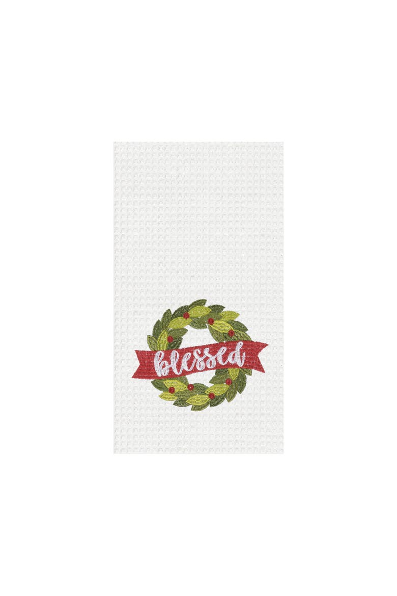Blessed Wreath Embroidered Waffle Weave Kitchen Towel, Main, color, White