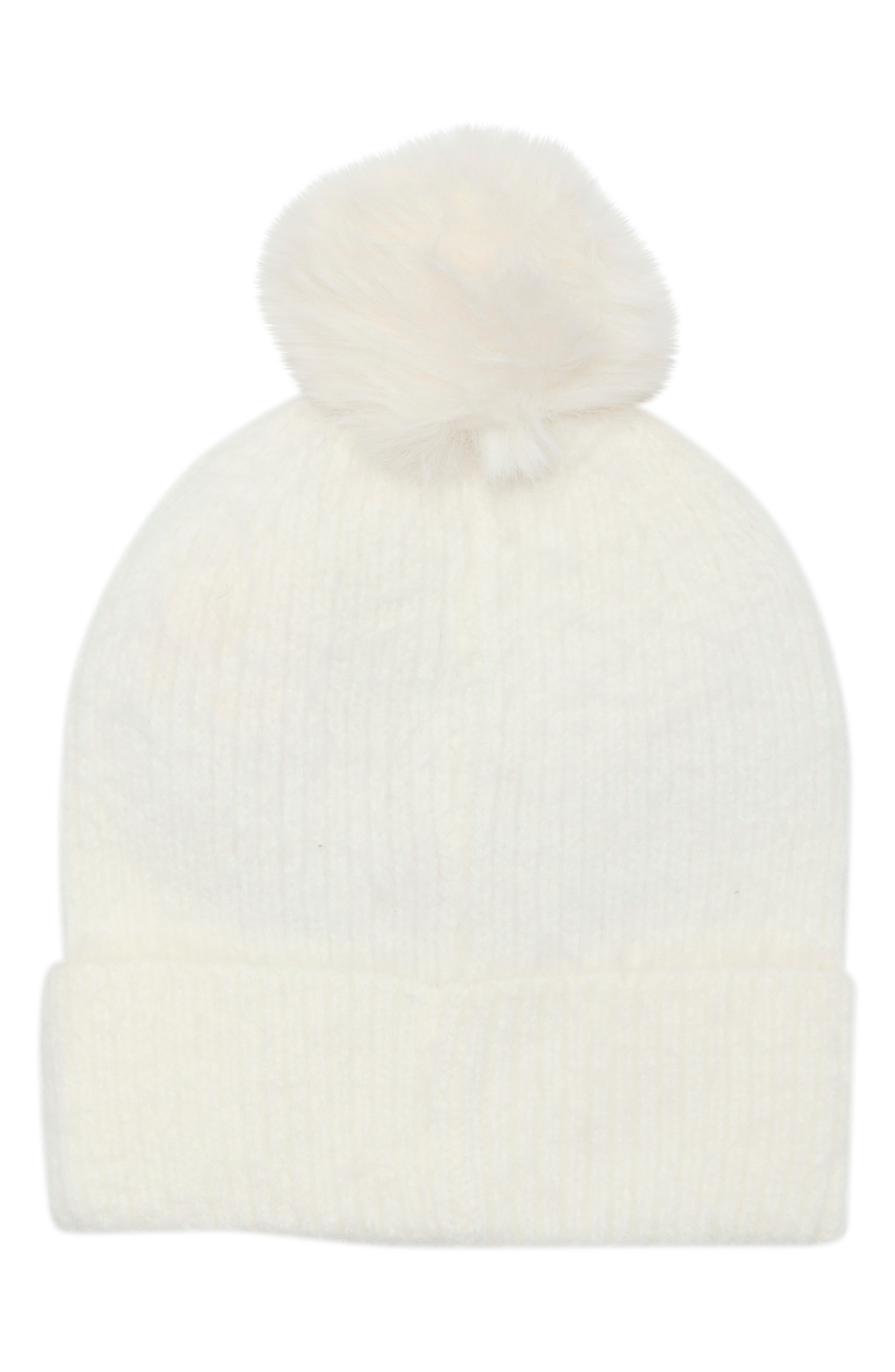 Side Embellished Faux Fur Pom Beanie