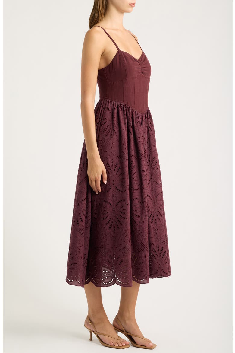 Eyelet Scallop Sleeveless Midi Dress, Alternate, color, WINE