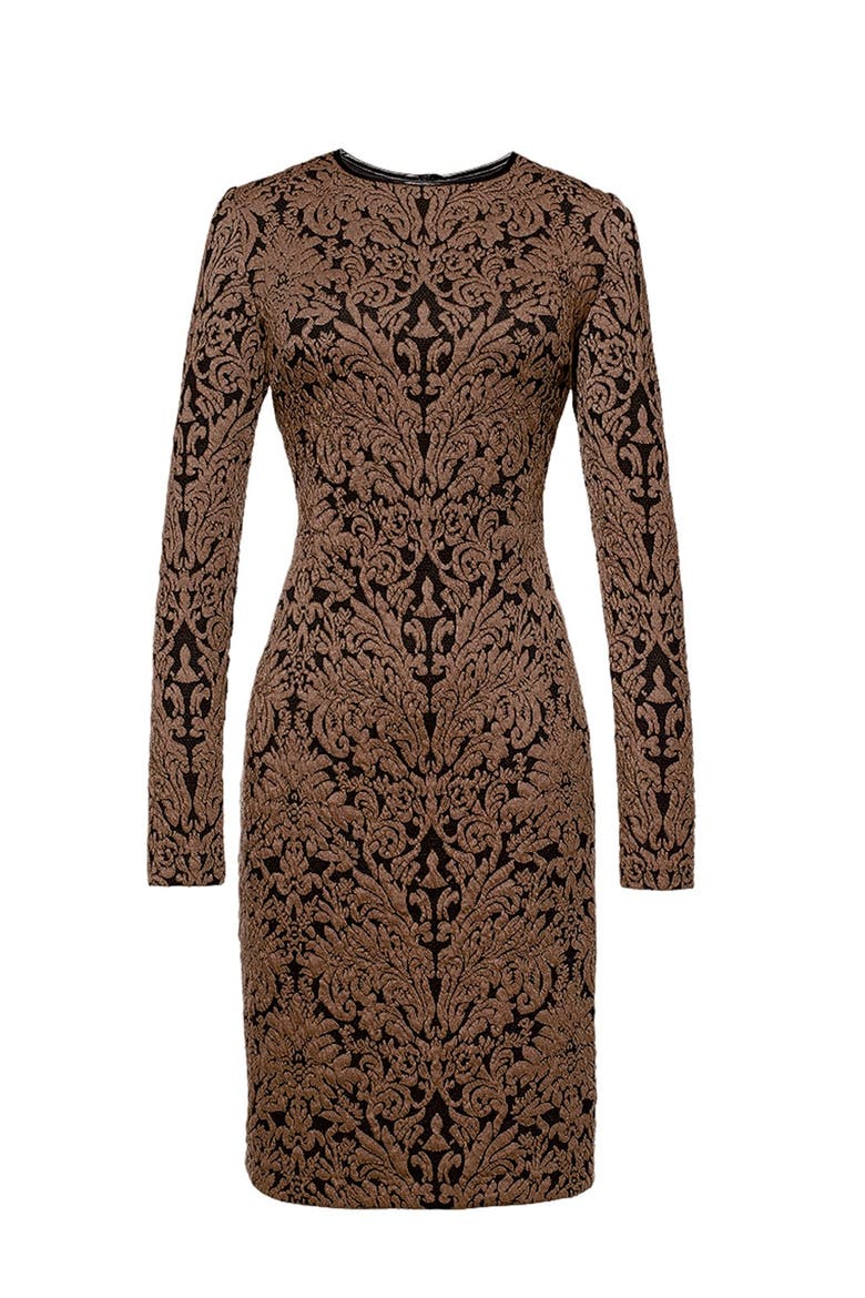 Long Sleeve Jacquard Sheath Dress, Alternate, color, BLACK/ BROWN