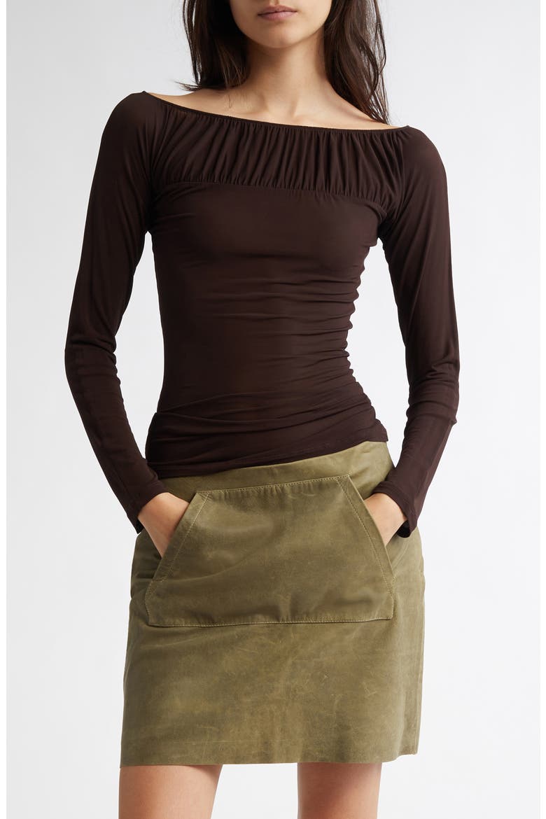 Azucar Shirred Bateau Neck Knit Top, Main, color, BROWN