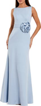 Mac Duggal High Neck Sleeveless Crepe A Line Gown With Flower