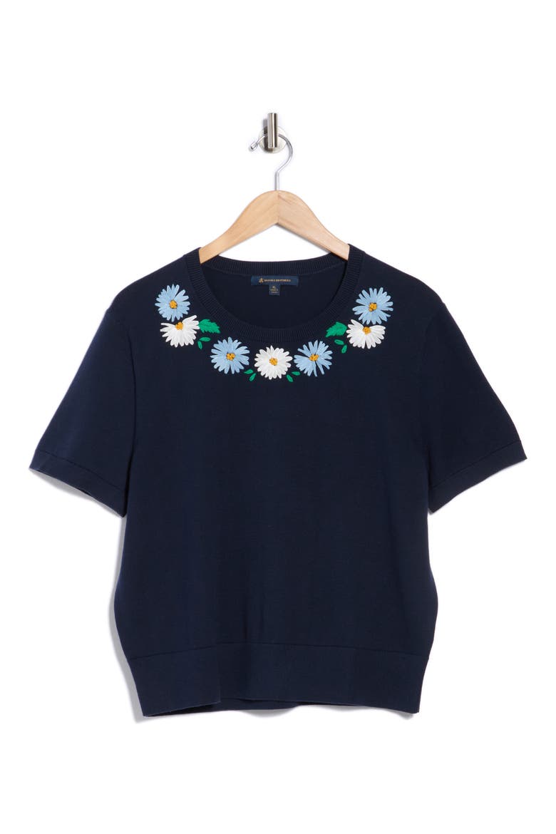 Embroidered Short Sleeve Sweater, Alternate, color, NAVY EMBROIDERED FLOWERS