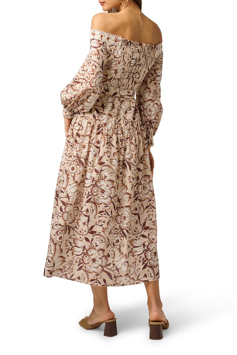 Floral Metallic Fleck Off the Shoulder Belted Cotton Dress, Alternate, color, ECRU/ CHOCOLATE