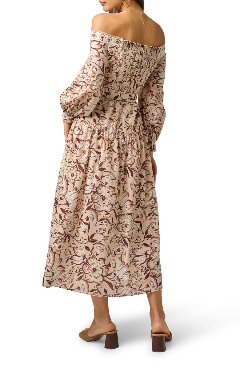 Adrianna Papell Floral Metallic Fleck Off the Shoulder Belted Cotton Dress, Alternate, color, Ecru/ Chocolate