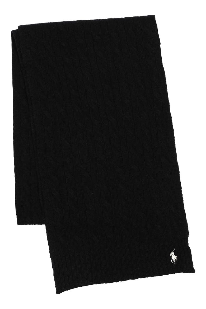 Logo Embroidered Wool & Cashmere Cable Stitch Scarf, Alternate, color, BLACK