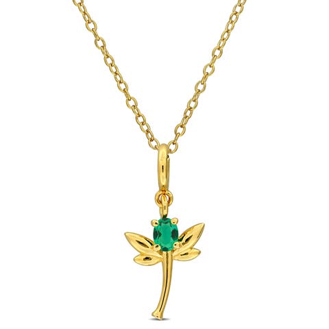 Lab-Created Emerald & Diamond Dragonfly Pendant Necklace