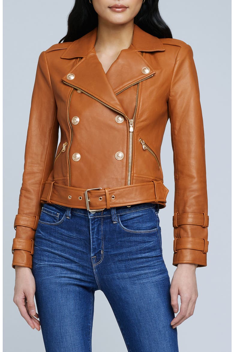 Billie Belted Leather Moto Jacket, Alternate, color, COGNAC