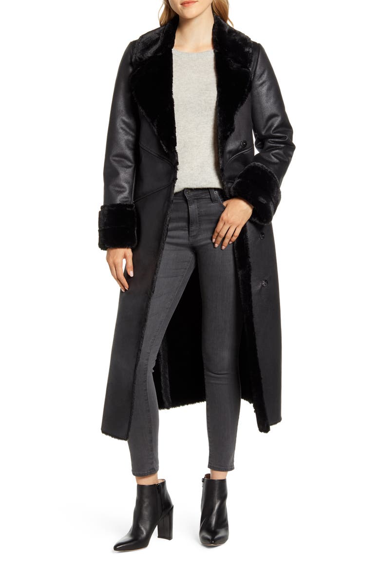 Faux Leather Coat with Faux Shearling Trim, Main, color, BLACK