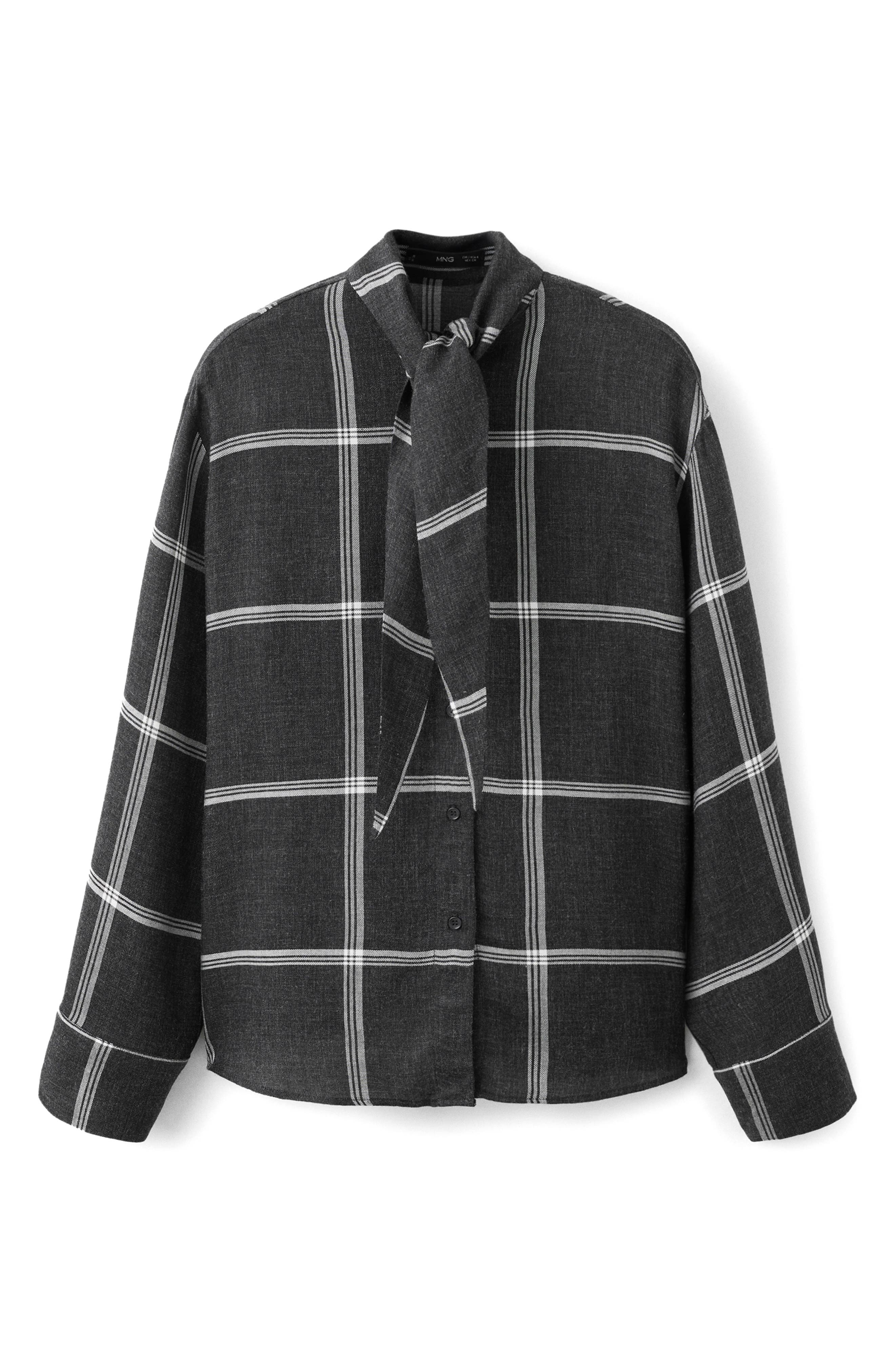 Candy Windowpane Plaid Tie Neck Button-Up Shirt