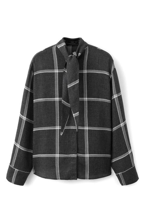 Candy Windowpane Plaid Tie Neck Button-Up Shirt