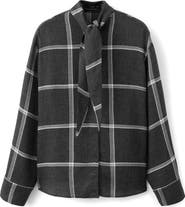 MANGO Candy Windowpane Plaid Tie Neck Button-Up Shirt