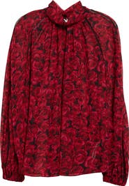 Carolina Herrera Floral Mock Neck Gathered Top