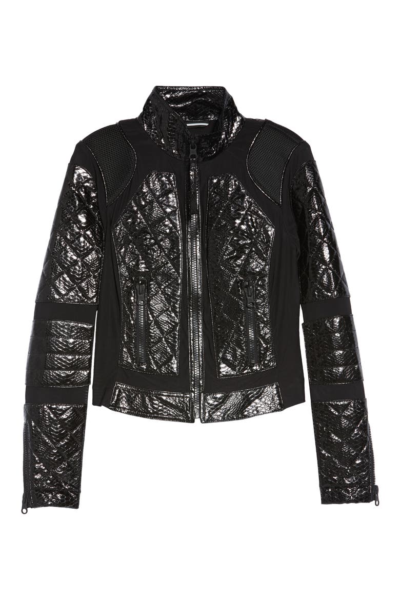 Quilted Snake Embossed Faux Patent Leather & Mesh Moto Jacket, Alternate, color, BLACK SNAKE