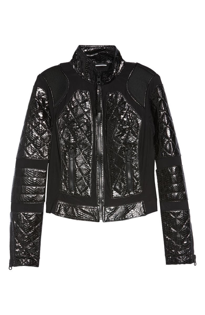 Blanc Noir Quilted Snake Embossed Faux Patent Leather & Mesh Moto Jacket, Alternate, color, 