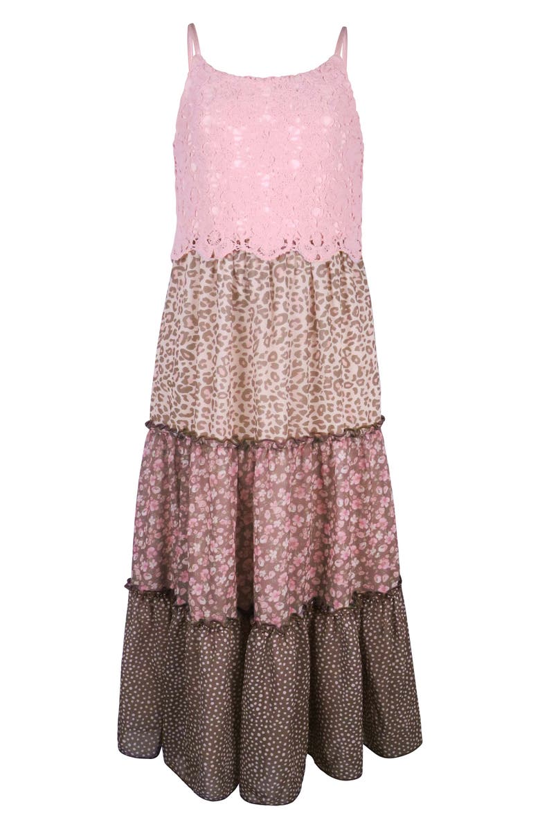 Zunie Kids' Tiered Lace Print Dress, Main, color, Blush/ Brown
