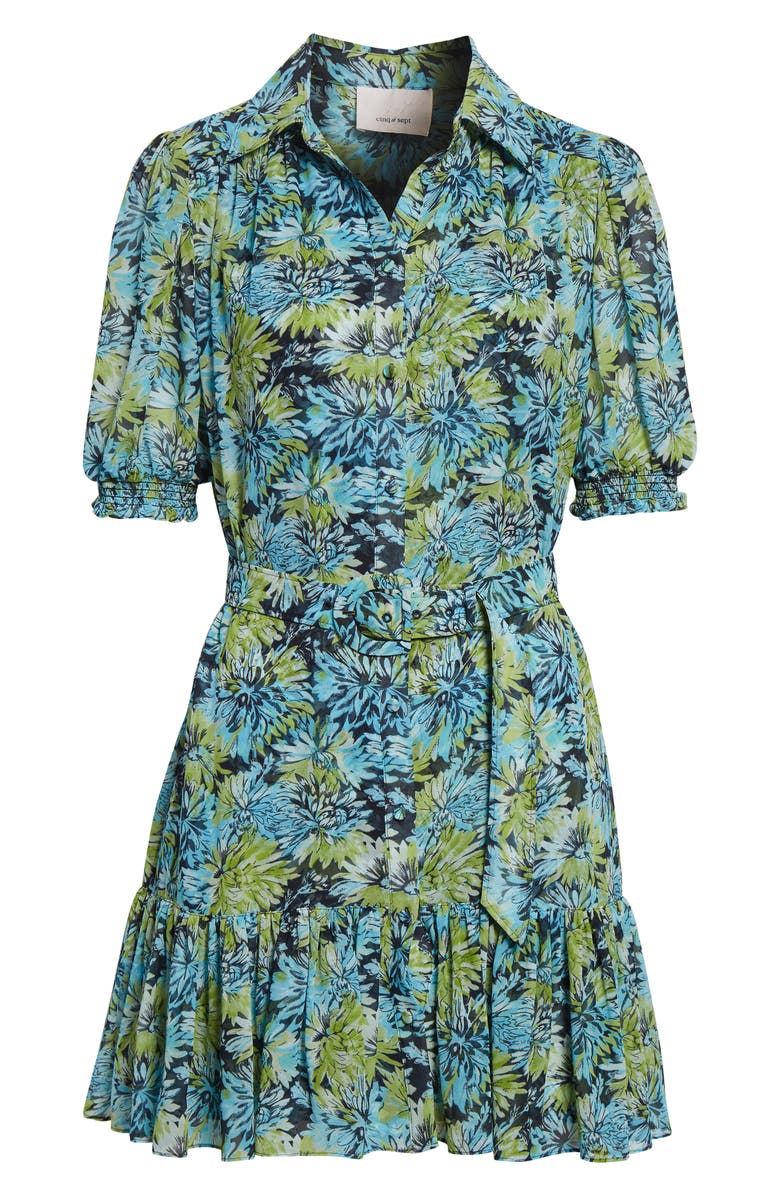 Cinq à Sept Halbini Dahlia Print Puff Sleeve Belted Shirtdress, Alternate, color, Tropical Sky Multi