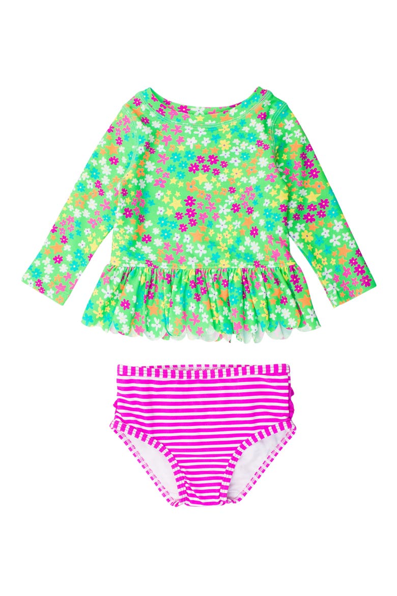Kids' Floral Long Sleeve Two-Piece Rashguard Swimsuit, Main, color, GREEN