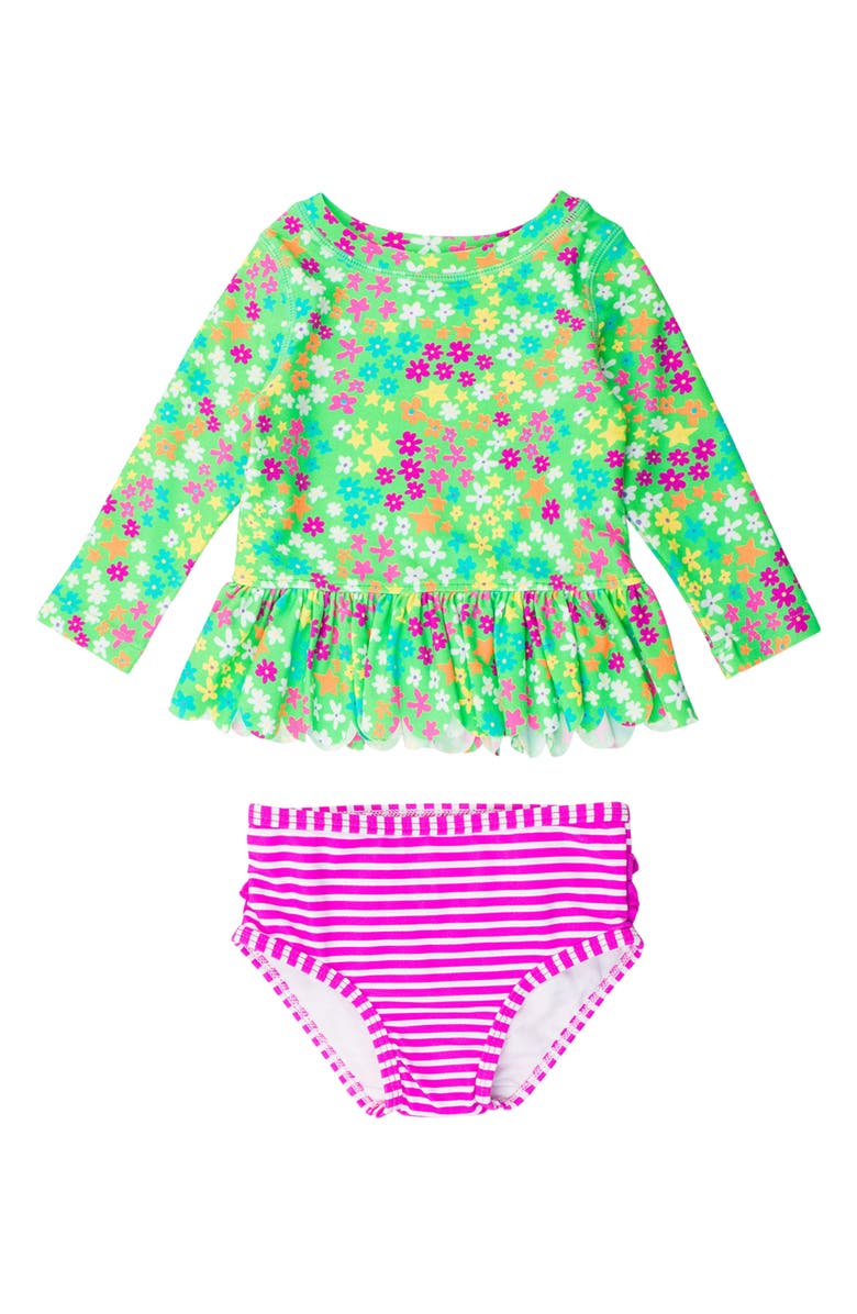 RuffleButts Kids' Floral Long Sleeve Two-Piece Rashguard Swimsuit, Main, color, Green