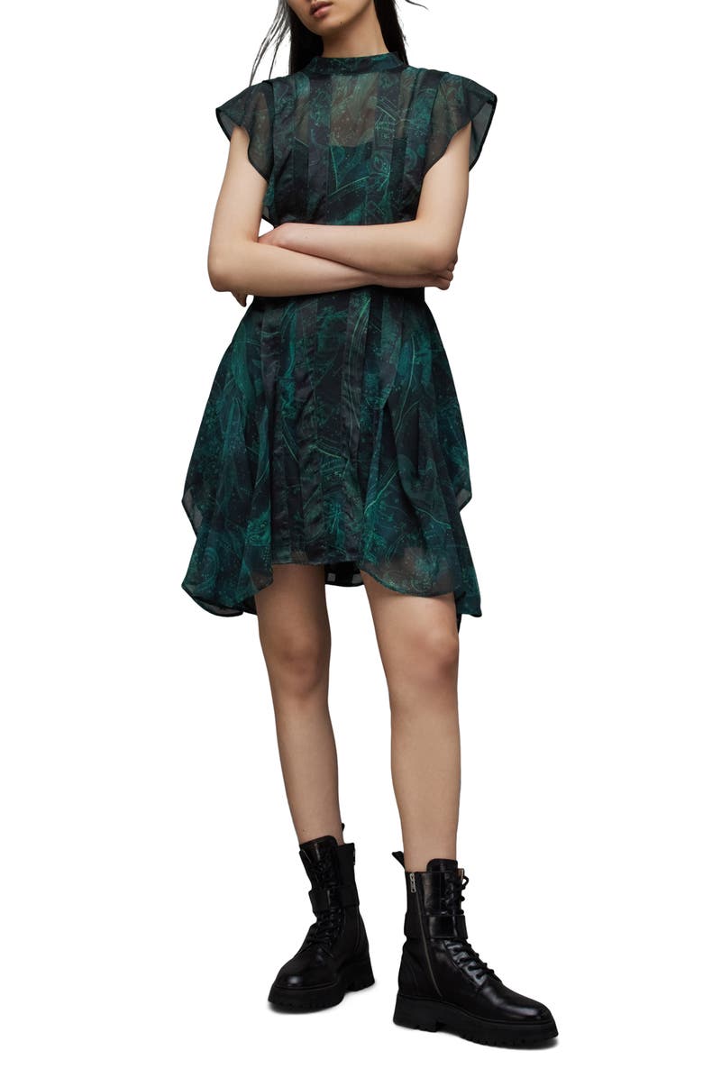 AllSaints Fleur Zig Flutter Sleeve Dress, Main, color,