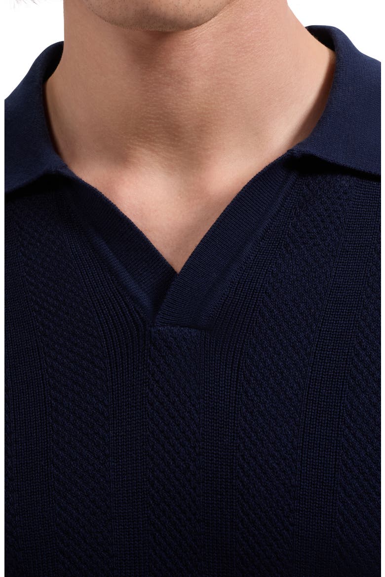 Johnny Collar Basket Stitch Cotton Blend Short Sleeve Sweater, Alternate, color, NAVY