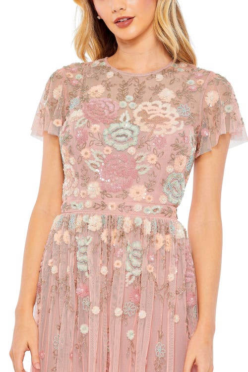 Mac Duggal Embellished Illusion High Neck Butterfly Sleeve Midi Dress In Dusty Rose