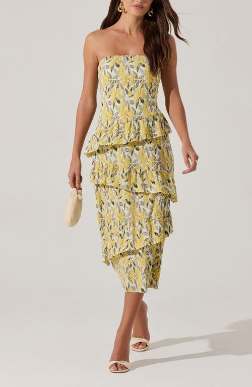 Astr The Label Plissé Asymmetric Tiered Ruffle Strapless Midi Dress In Lemon Floral