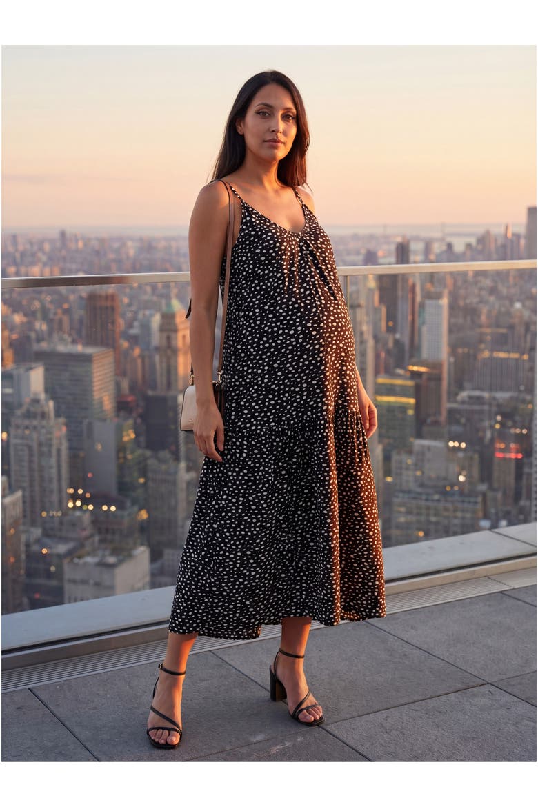 Maternity Essential Dots Print Scoop Neck Spaghetti Strap Pocket A-Line Maxi Dress, Alternate, color, Black Multi