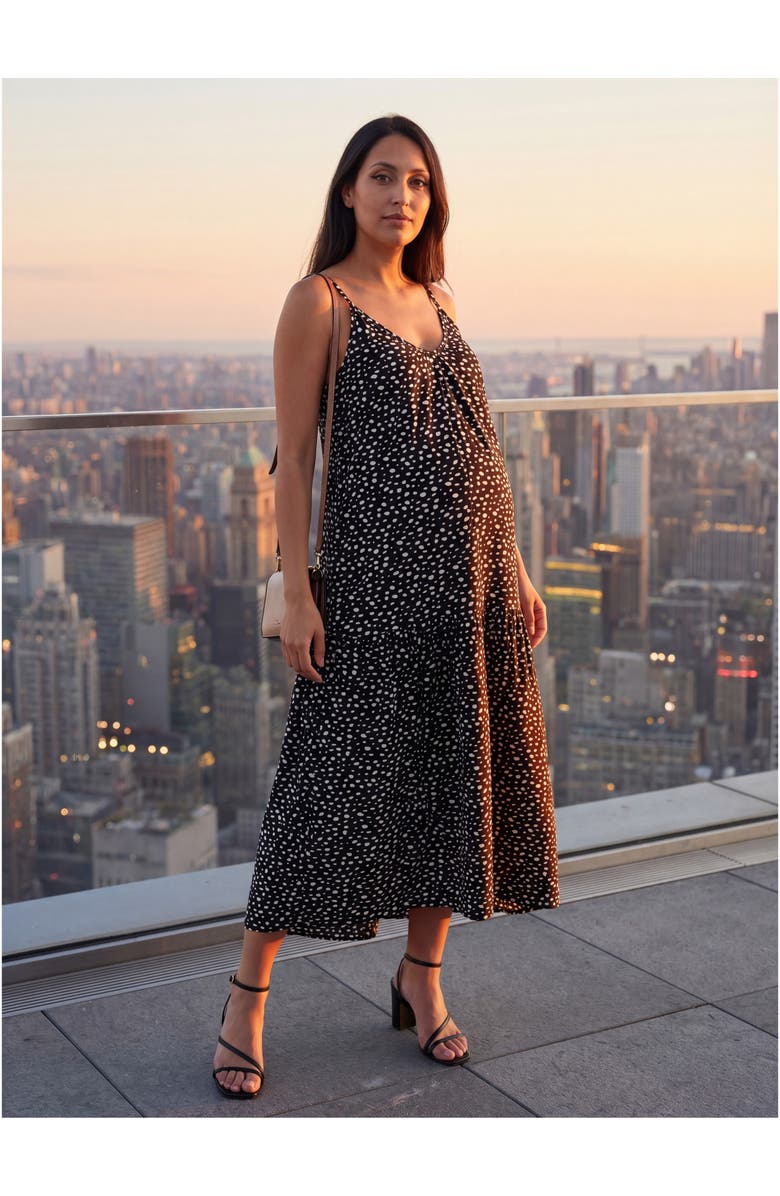 24seven Comfort Apparel Maternity Essential Dots Print Scoop Neck Spaghetti Strap Pocket A-Line Maxi Dress, Alternate, color, Black Multi