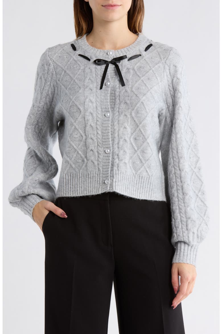 Ribbon Trim Cardigan, Main, color, HEATHER GREY