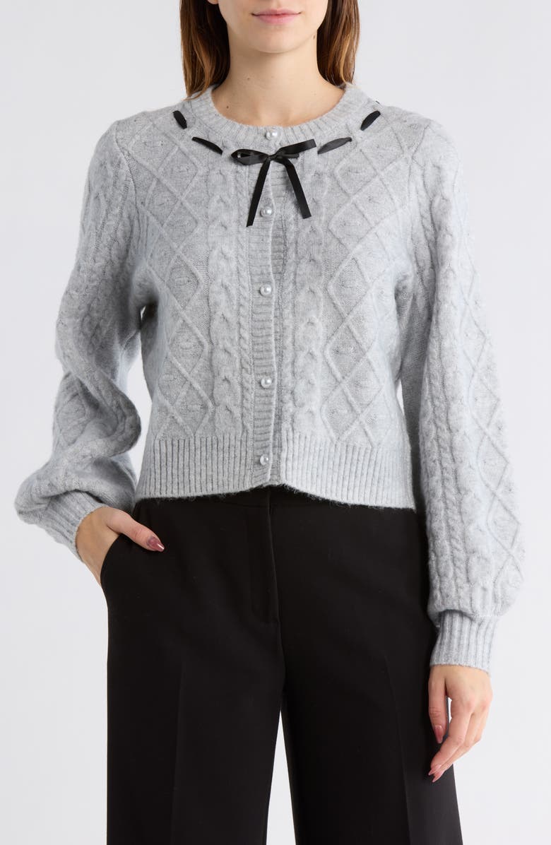 WAYF Ribbon Trim Cardigan, Main, color, Heather Grey
