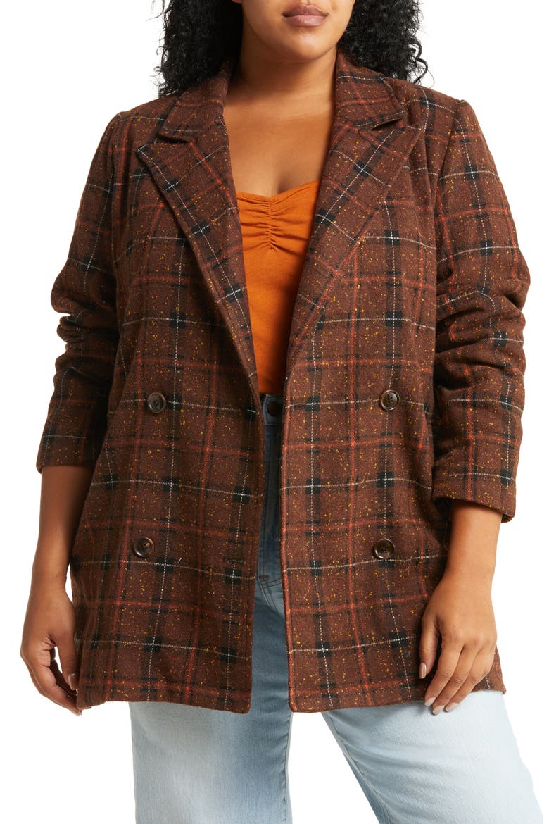 Plaid Double Breasted Blazer Coat, Main, color, BROWN- BLACK DONEGAL